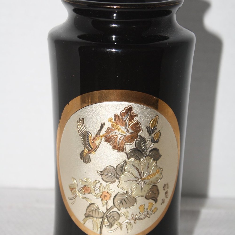Vintage Chokin Gold and Silver inlay design Black Ceramic Vase 6 inches tall